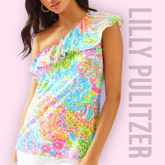 Lilly Pulitzer Top Women’s Small Multicolor Neveah One-Shoulder Ruffle Floral - Picture 1 of 11